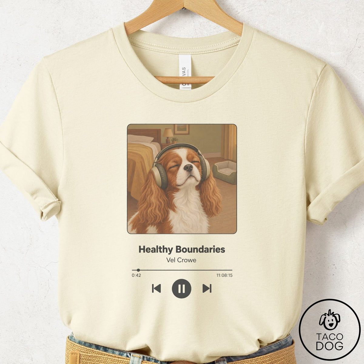 Cavalier King Charles Spaniel Book on Tape T-Shirt Natural Taco-Dog