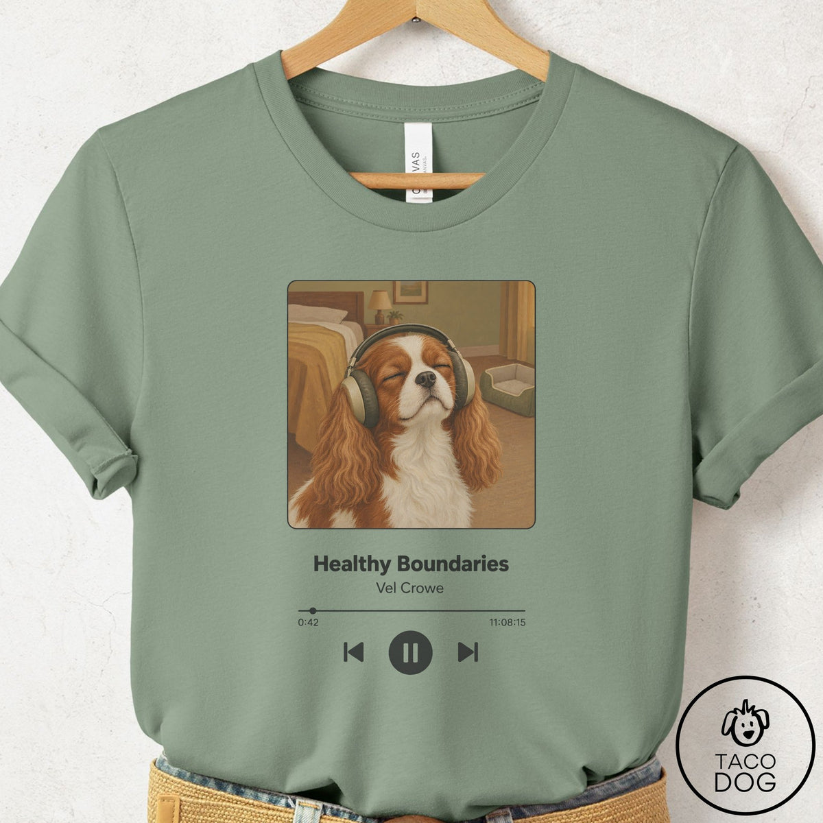 Cavalier King Charles Spaniel Book on Tape T-Shirt Sage Taco-Dog