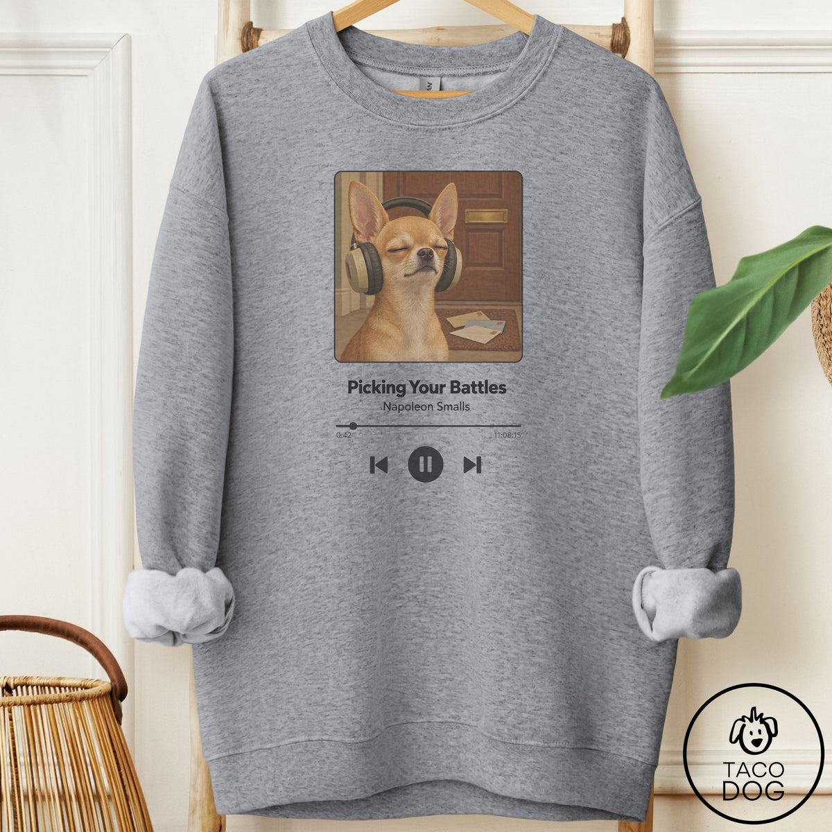 Chihuahua Book on Tape Sweatshirt Graphite Heather Taco-Dog