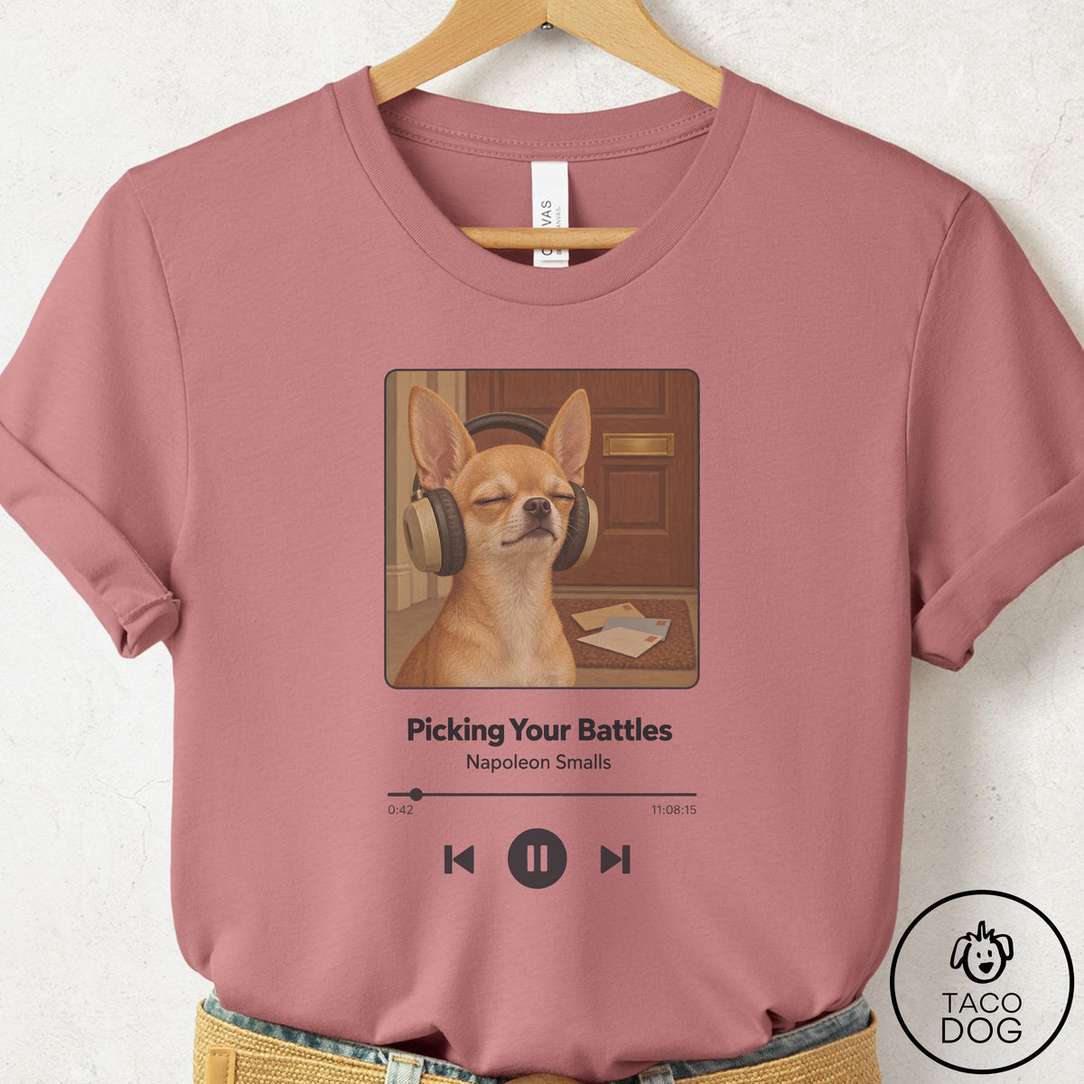 Chihuahua Book on Tape T-Shirt Mauve Taco-Dog