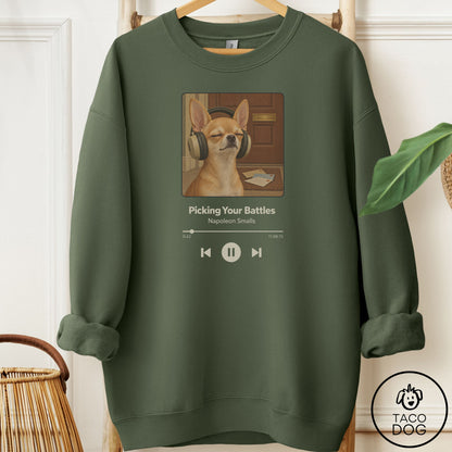 Chihuahua Book on Tape Sweatshirt Military Green Taco-Dog