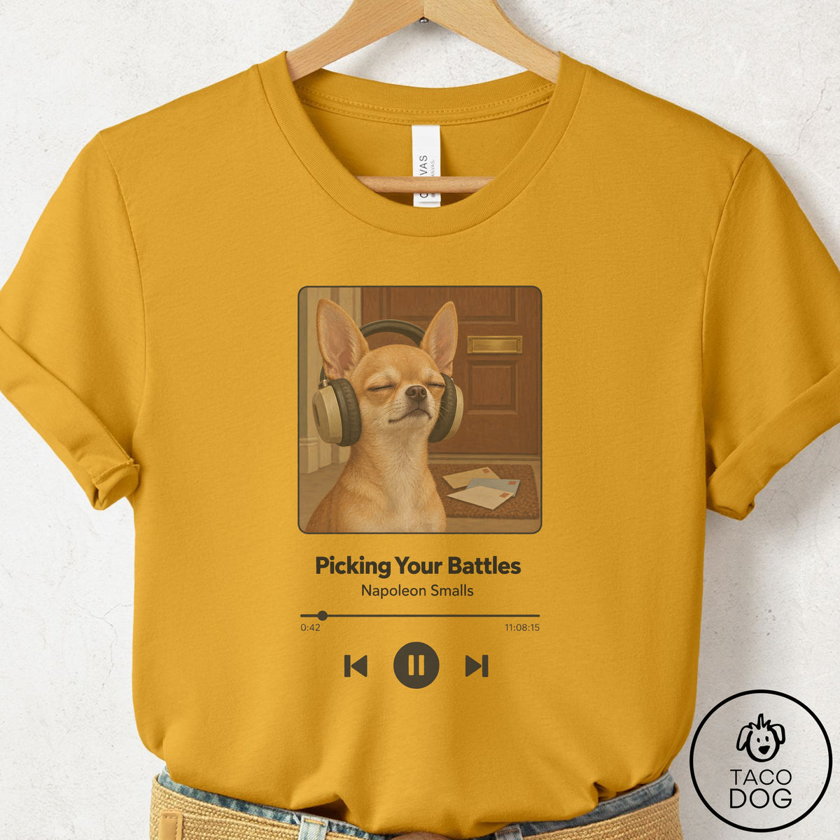 Chihuahua Book on Tape T-Shirt Mustard Taco-Dog
