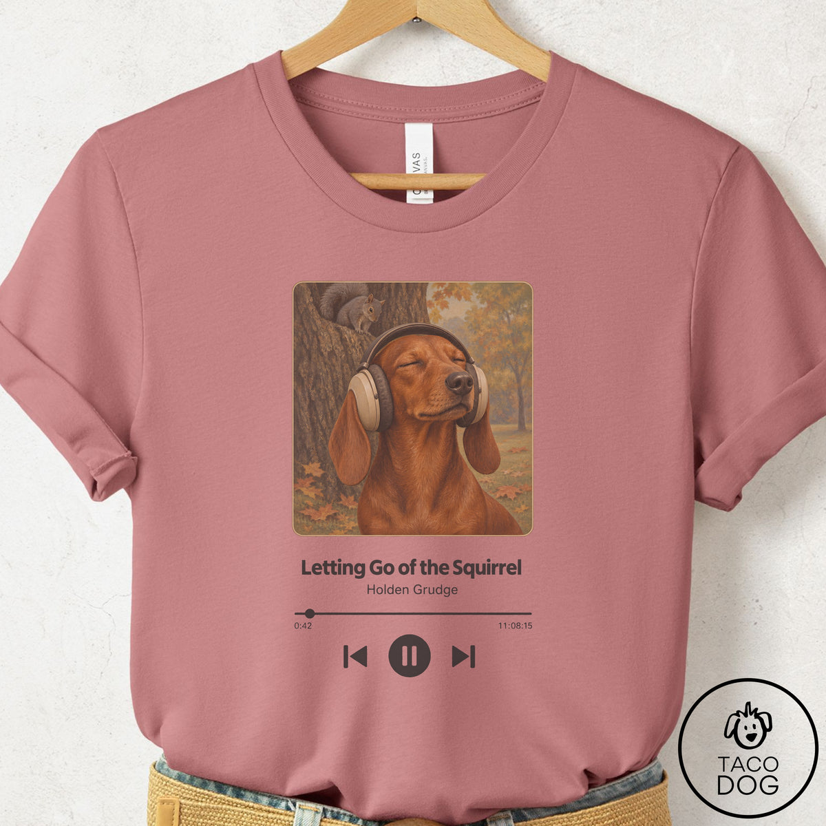 Dachshund Book on Tape T-Shirt Mauve Taco-Dog