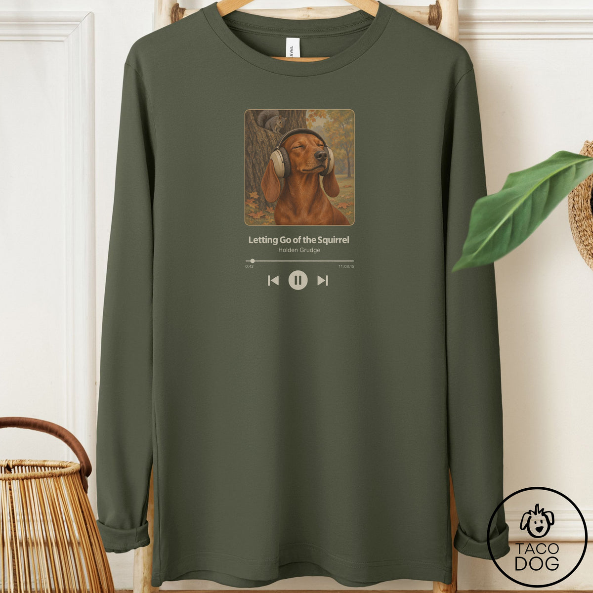 Dachshund Book on Tape Long Sleeve Tee Military Green Taco-Dog