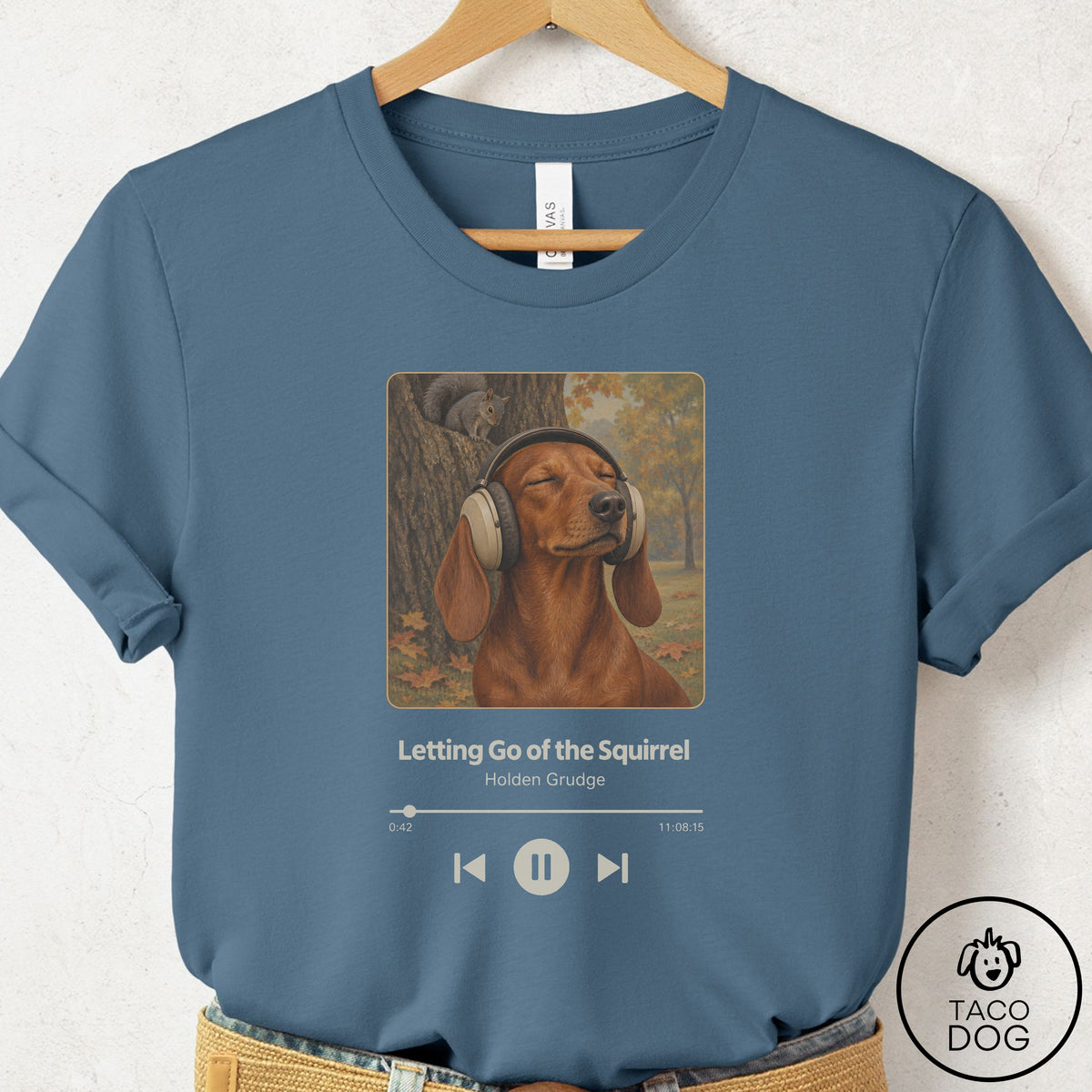 Dachshund Book on Tape T-Shirt Steel Blue Taco-Dog
