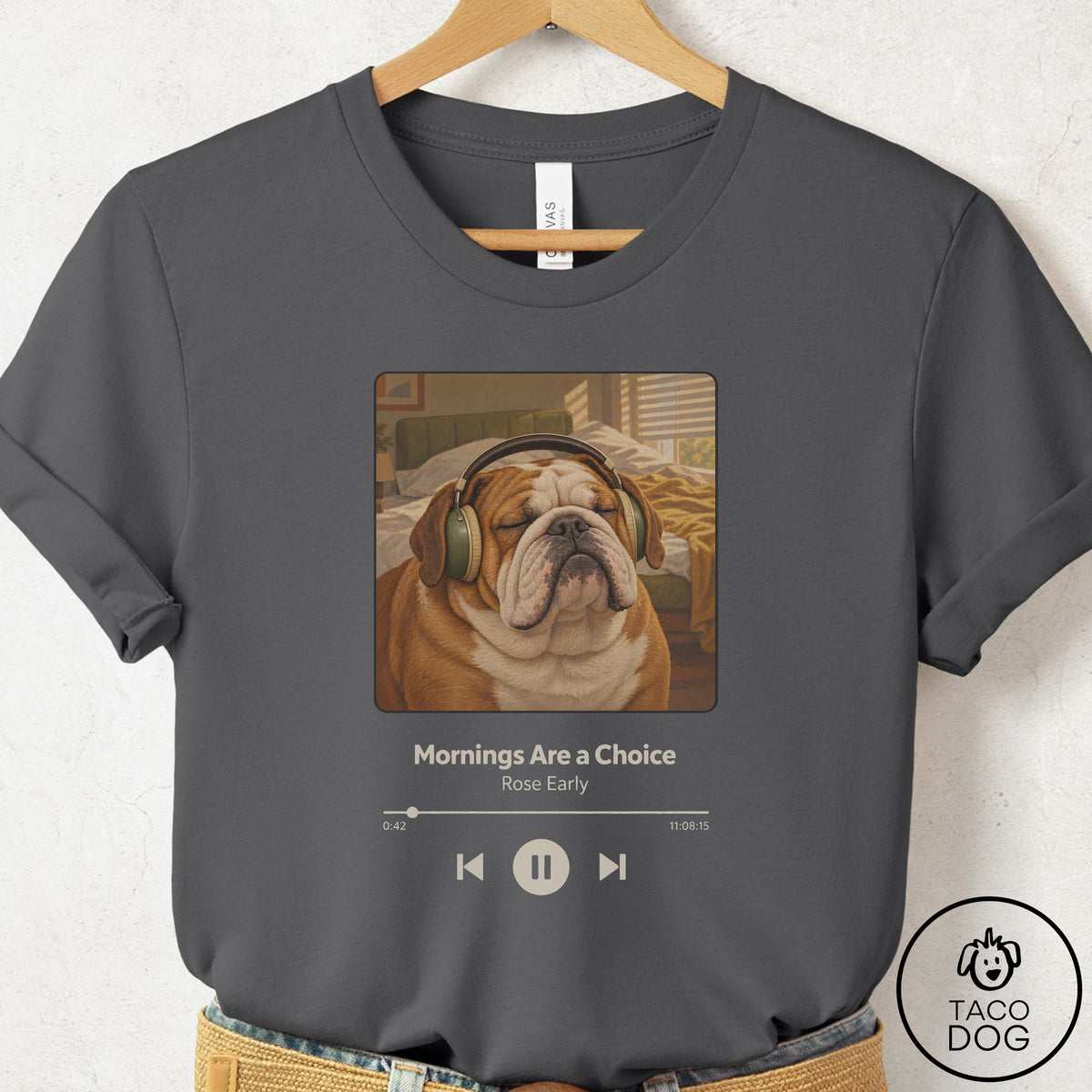 English Bulldog Book on Tape T-Shirt Asphalt Taco-Dog
