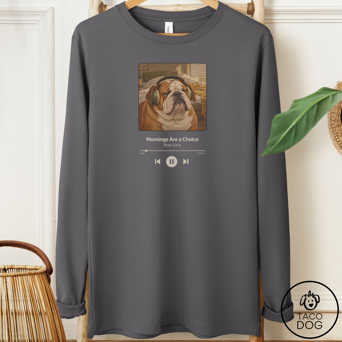 English Bulldog Book on Tape Long Sleeve Tee Asphalt Taco-Dog