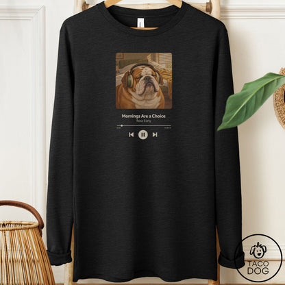 English Bulldog Book on Tape Long Sleeve Tee Black Heather Taco-Dog