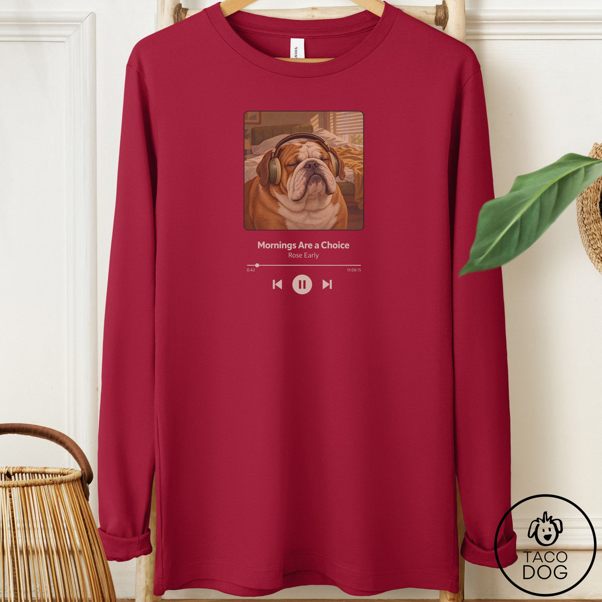 English Bulldog Book on Tape Long Sleeve Tee Cardinal Taco-Dog