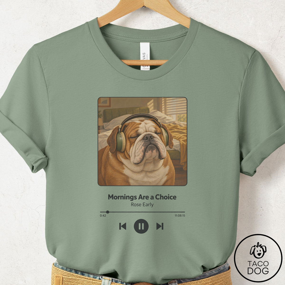 English Bulldog Book on Tape T-Shirt Sage Taco-Dog