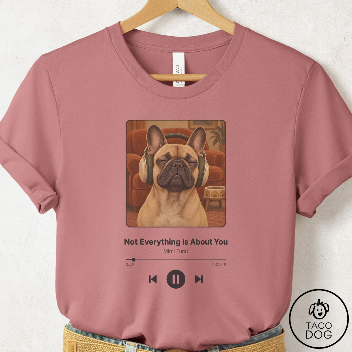 French Bulldog Frenchie Book on Tape T-Shirt Mauve Taco-Dog