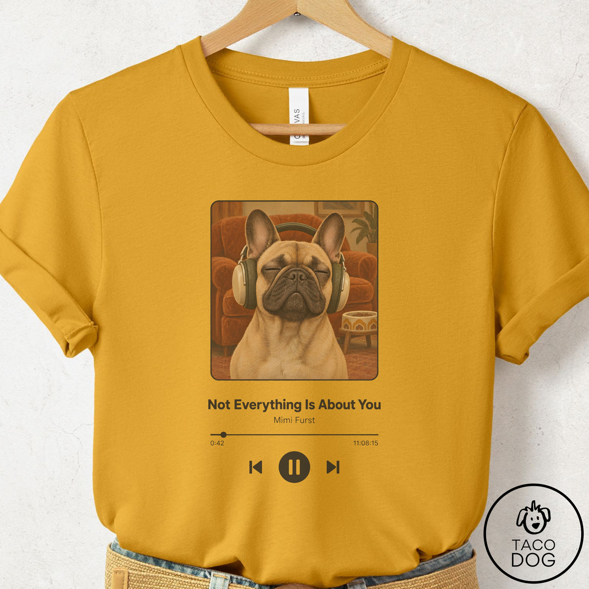 French Bulldog Frenchie Book on Tape T-Shirt Mustard Taco-Dog