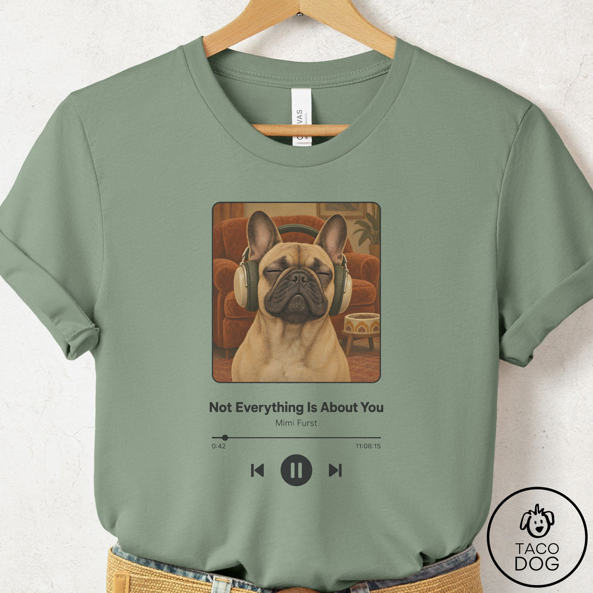 French Bulldog Frenchie Book on Tape T-Shirt Sage Taco-Dog