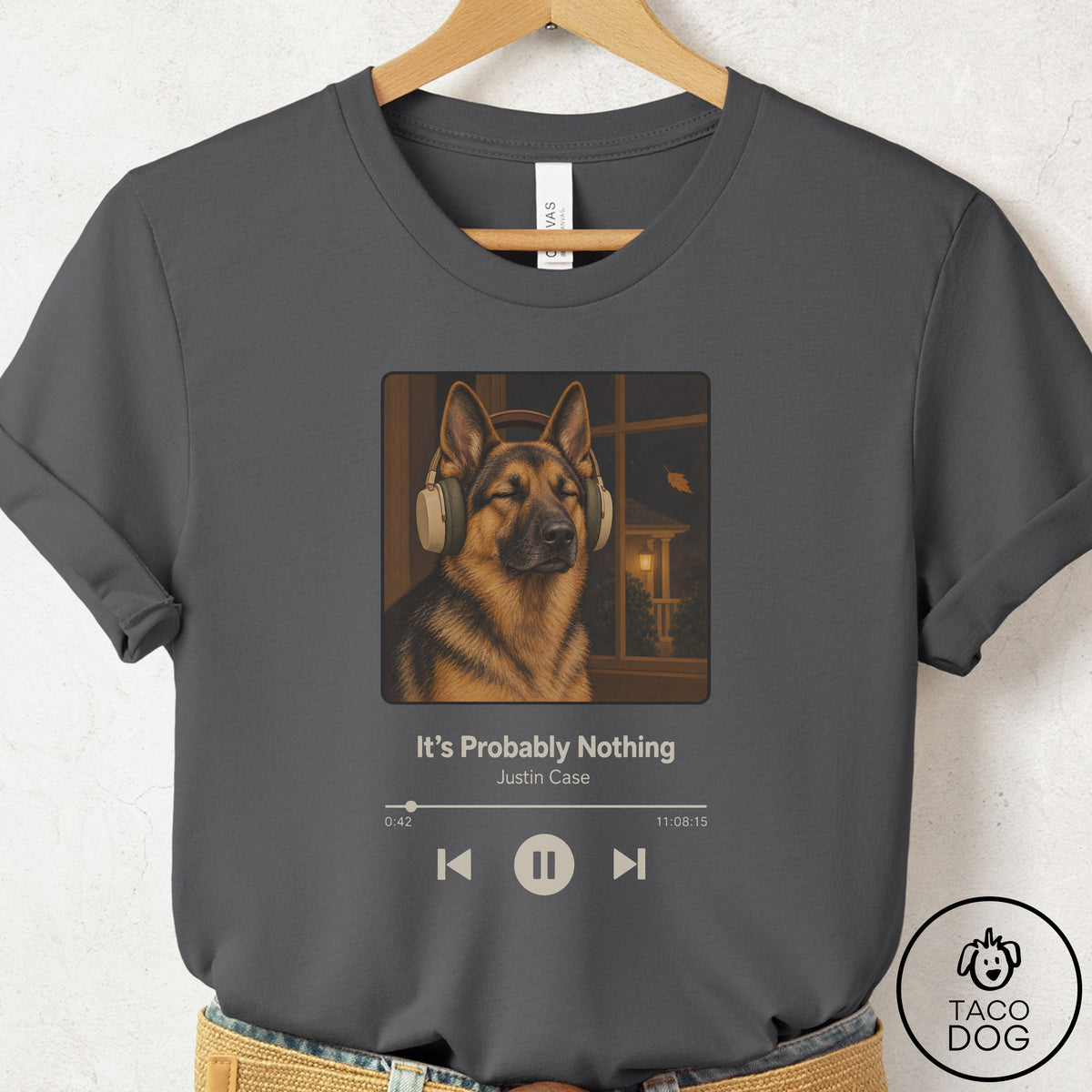 German Shepherd Book on Tape T-Shirt Asphalt Taco-Dog