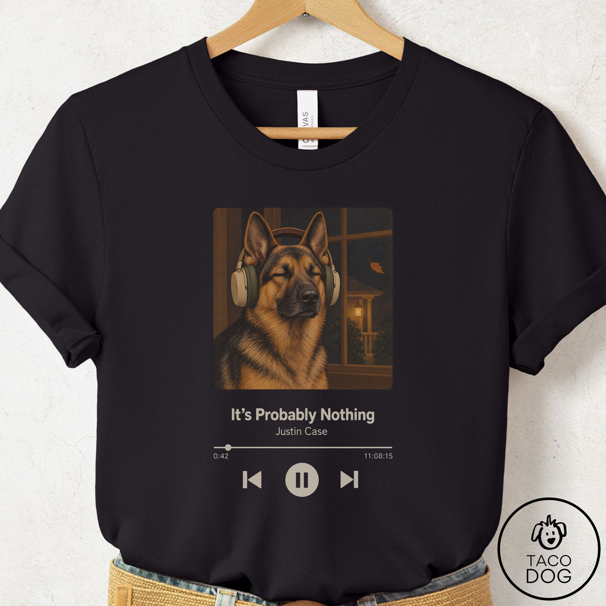 German Shepherd Book on Tape T-Shirt, design close-up