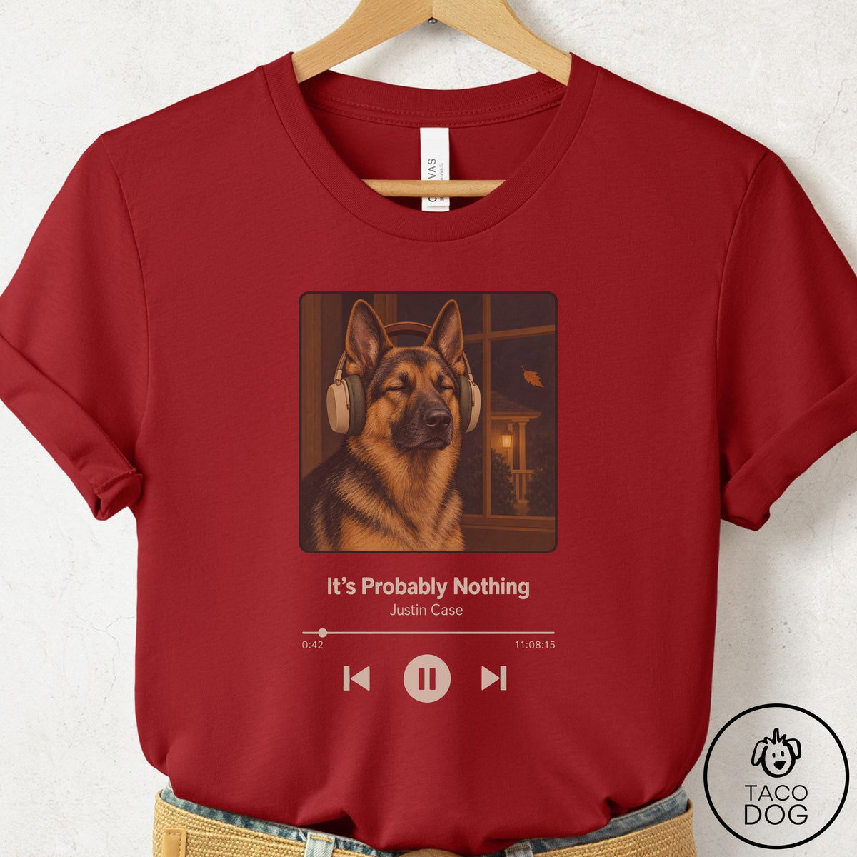 German Shepherd Book on Tape T-Shirt Canvas Red Taco-Dog