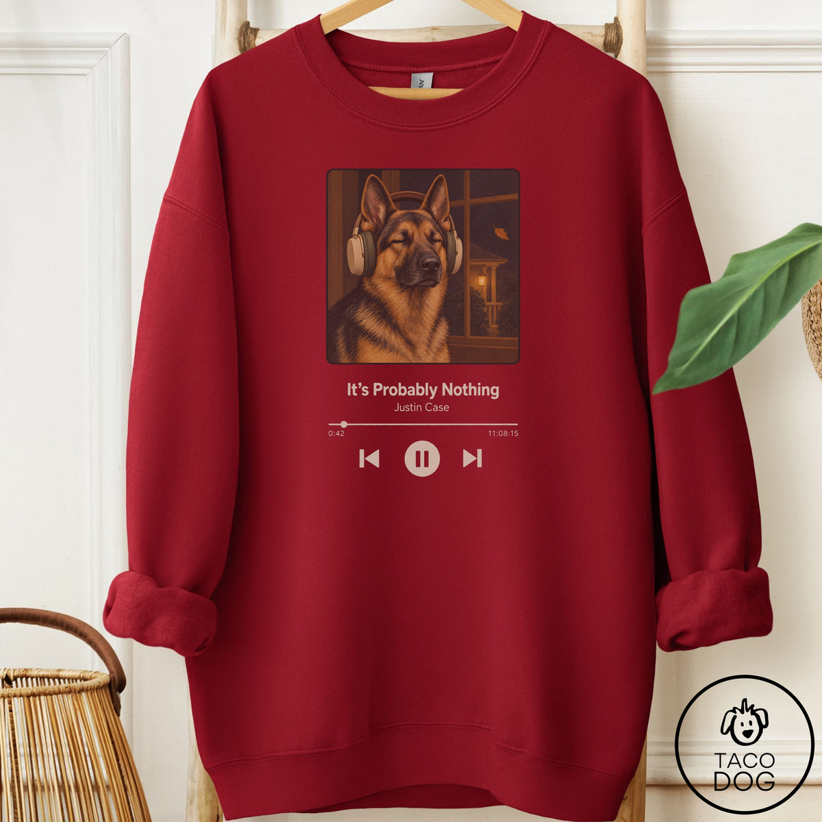 German Shepherd Book on Tape Sweatshirt Garnet Taco-Dog