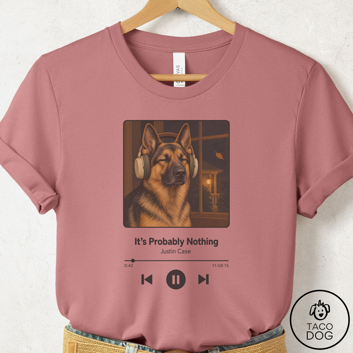 German Shepherd Book on Tape T-Shirt Mauve Taco-Dog