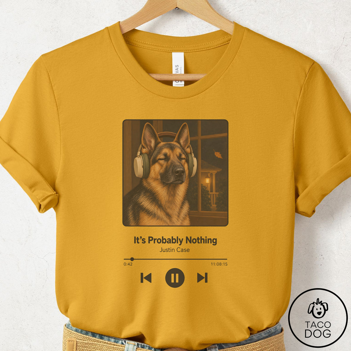 German Shepherd Book on Tape T-Shirt Mustard Taco-Dog