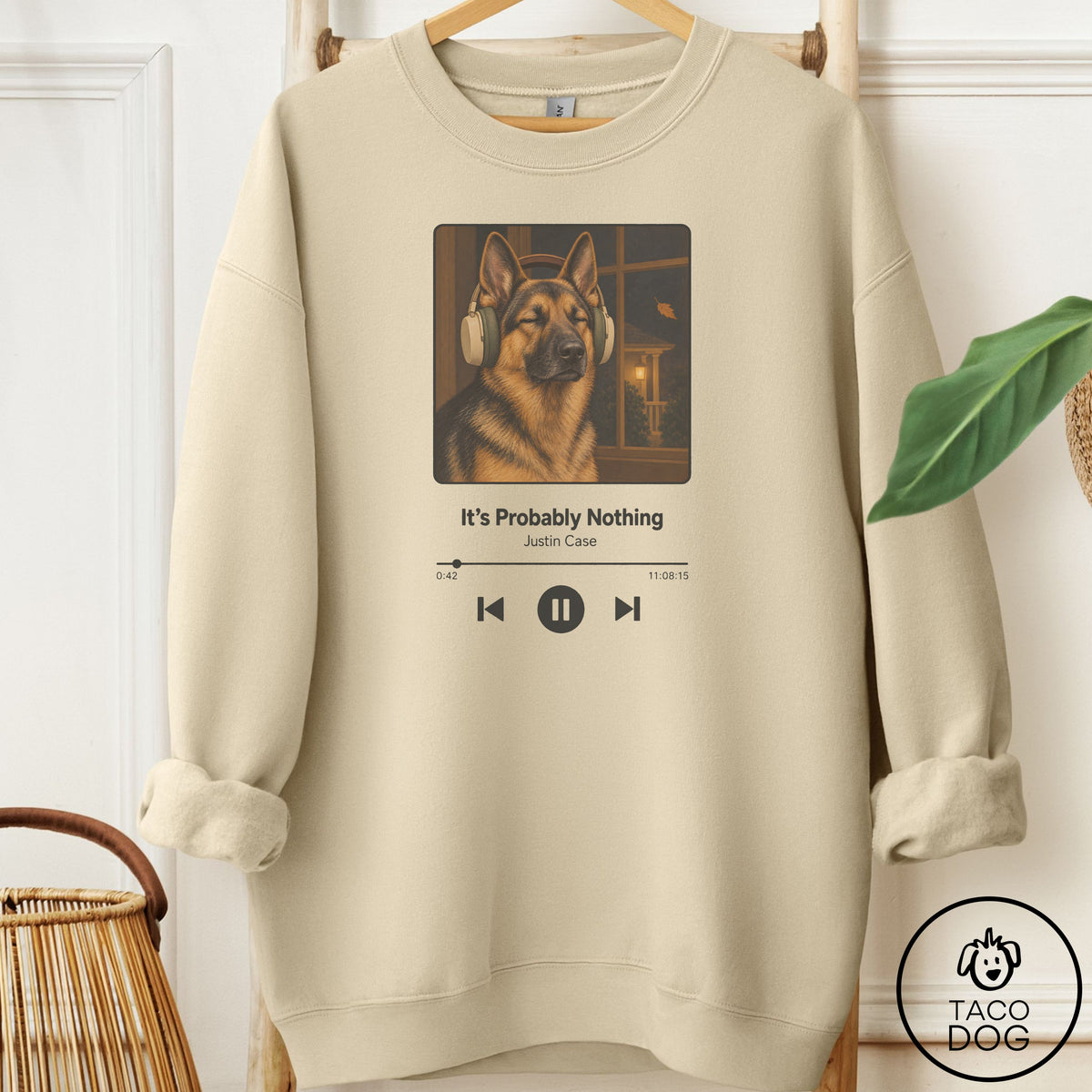 German Shepherd Book on Tape Sweatshirt Sand Taco-Dog