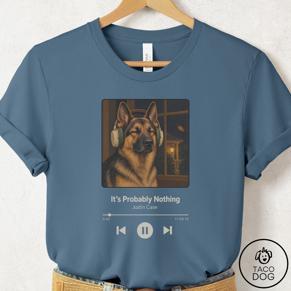 German Shepherd Book on Tape T-Shirt Steel Blue Taco-Dog