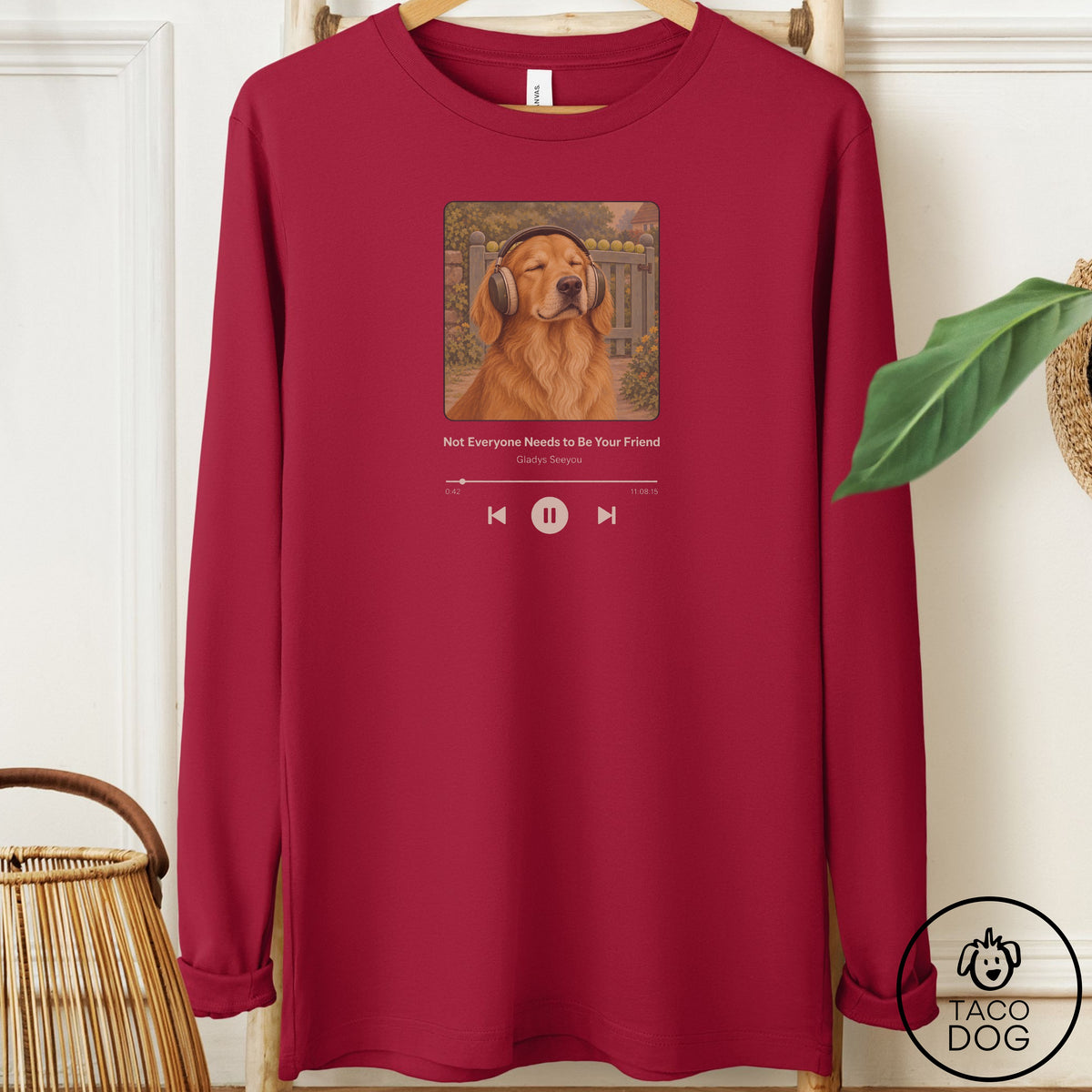 Golden Retriever Book on Tape Long Sleeve Tee Cardinal Taco-Dog