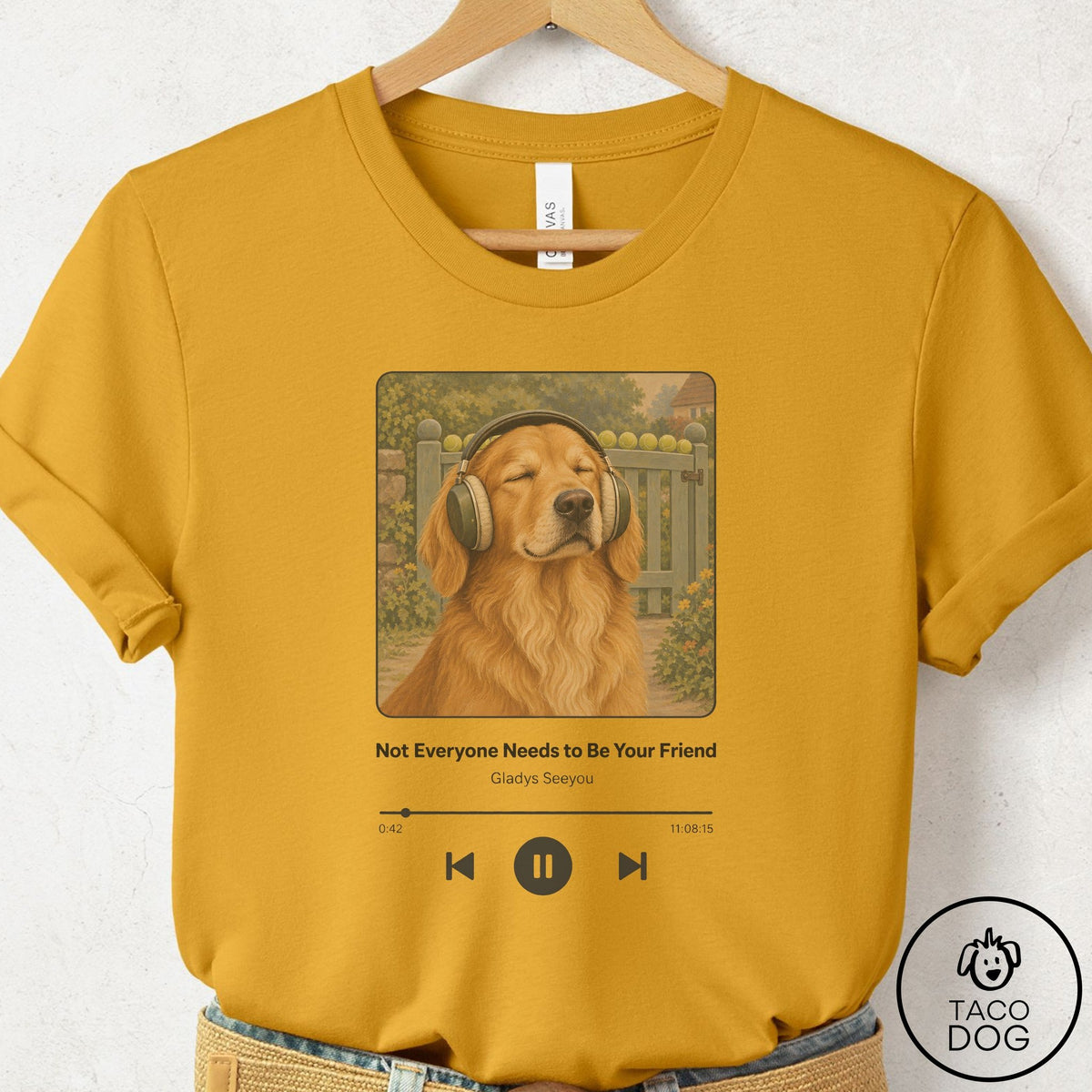 Golden Retriever Book on Tape T-Shirt Mustard Taco-Dog