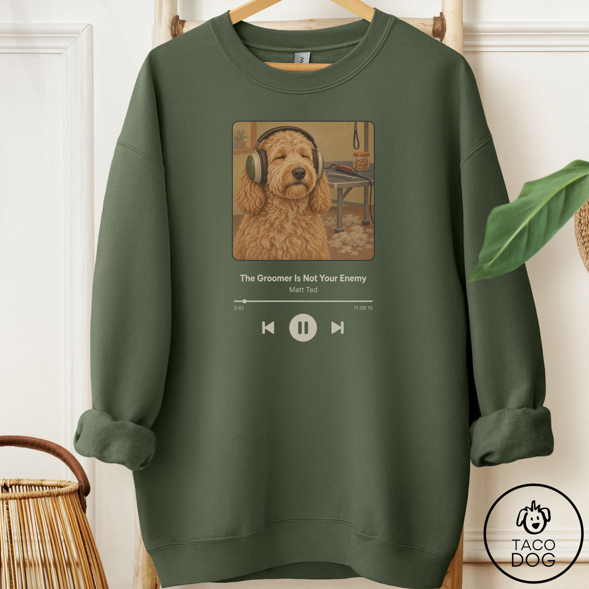 Doodle Book on Tape Sweatshirt Military Green Taco-Dog