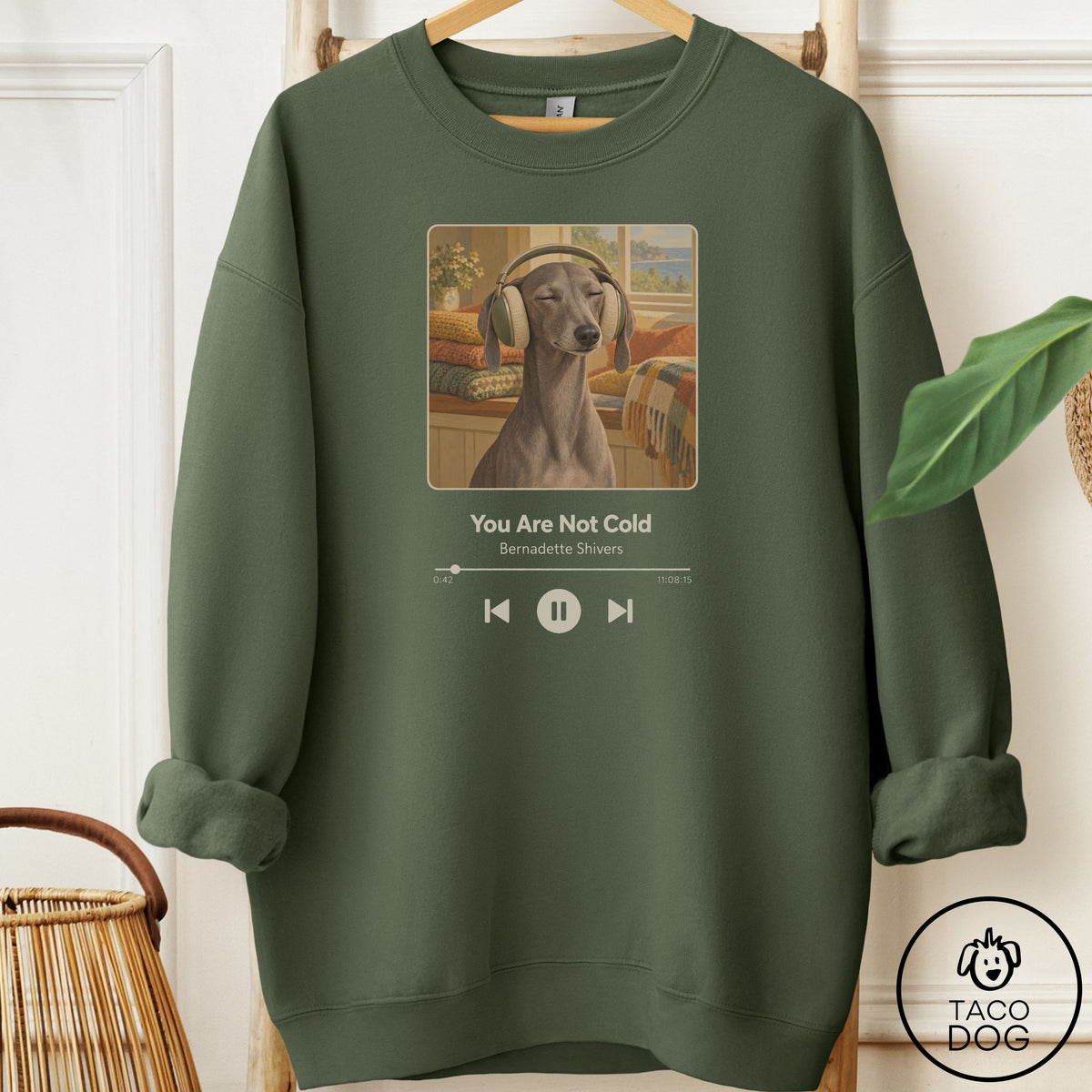 Italian Greyhound Whippet Book on Tape Sweatshirt Military Green Taco-Dog