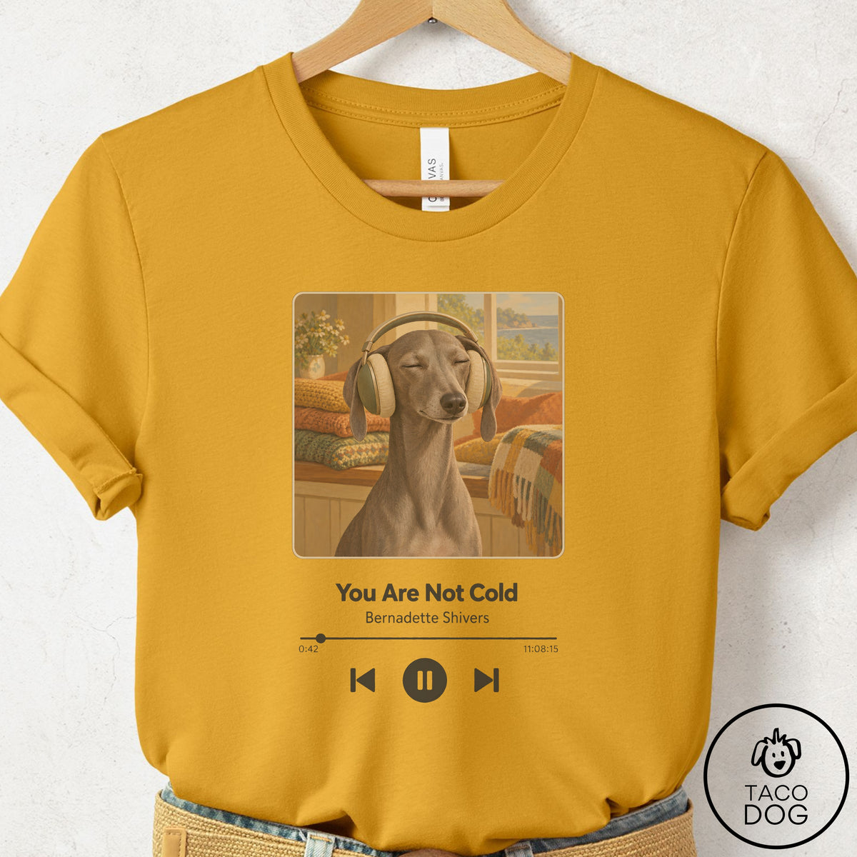 Italian Greyhound Whippet Book on Tape T-Shirt Mustard Taco-Dog
