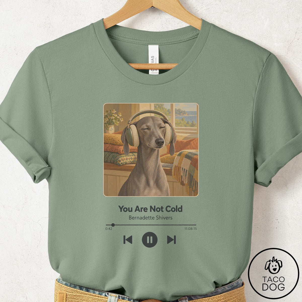 Italian Greyhound Whippet Book on Tape T-Shirt Sage Taco-Dog