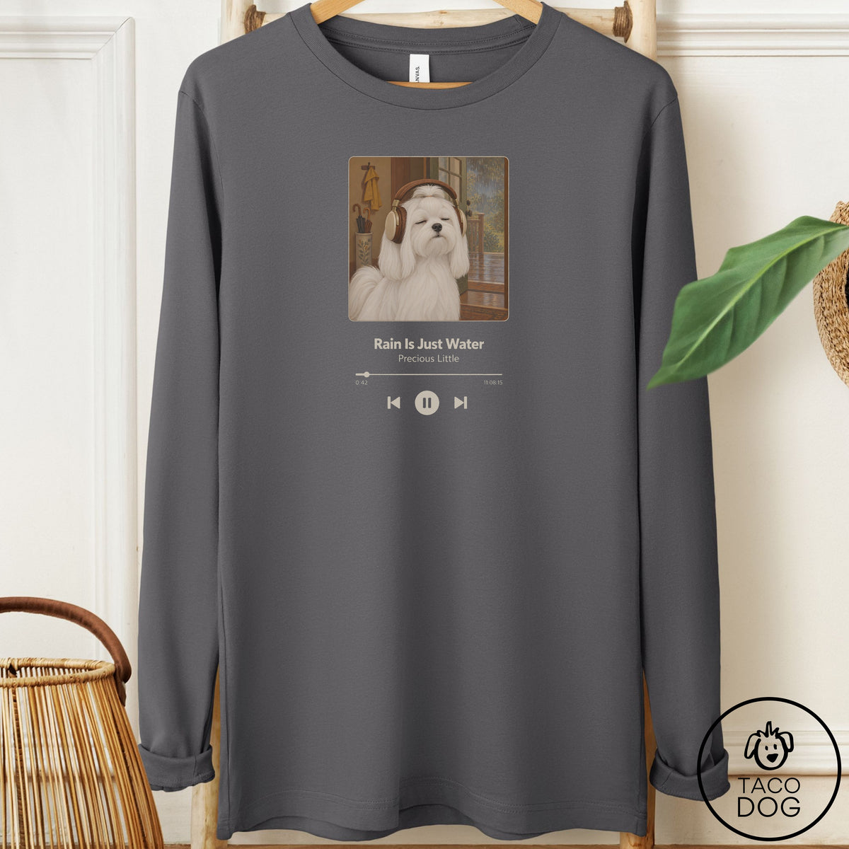 Maltese Book on Tape Long Sleeve Tee Asphalt Taco-Dog