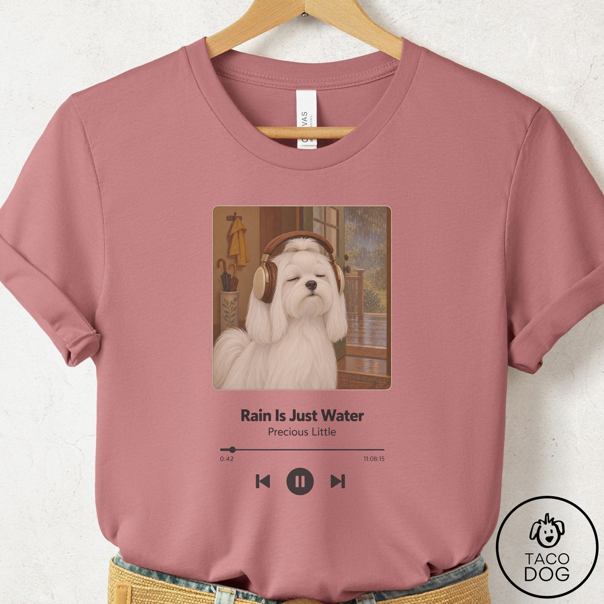 Maltese Book on Tape T-Shirt Mauve Taco-Dog
