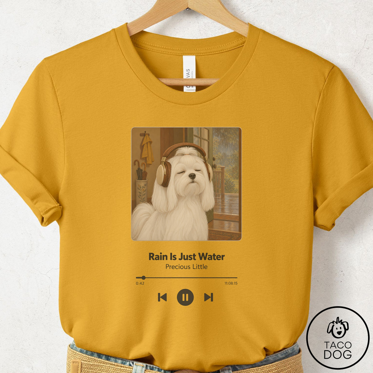 Maltese Book on Tape T-Shirt Mustard Taco-Dog
