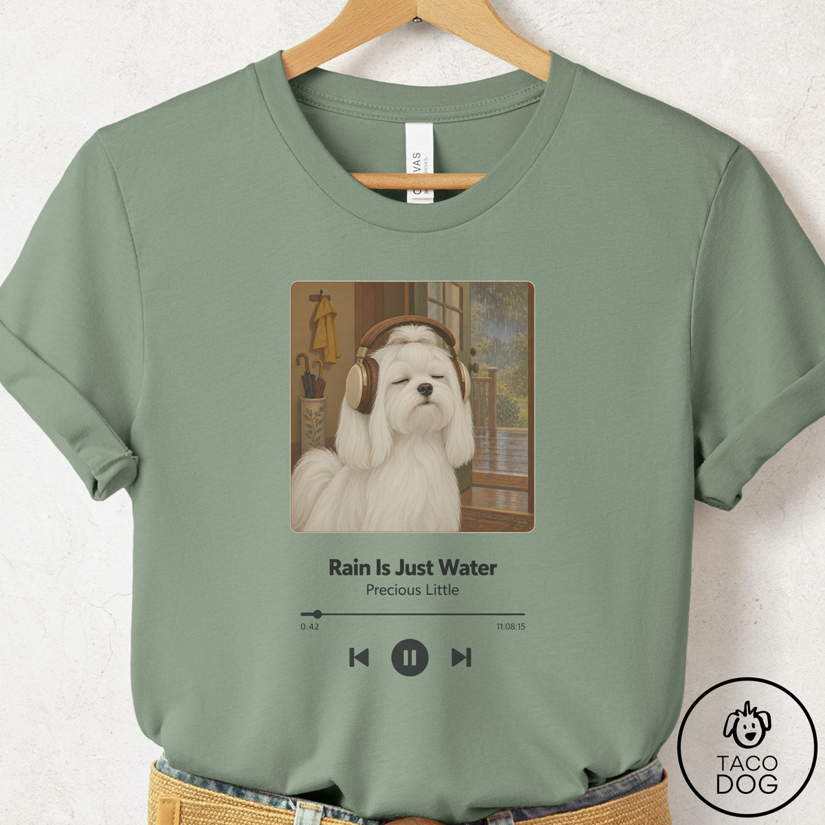 Maltese Book on Tape T-Shirt Sage Taco-Dog