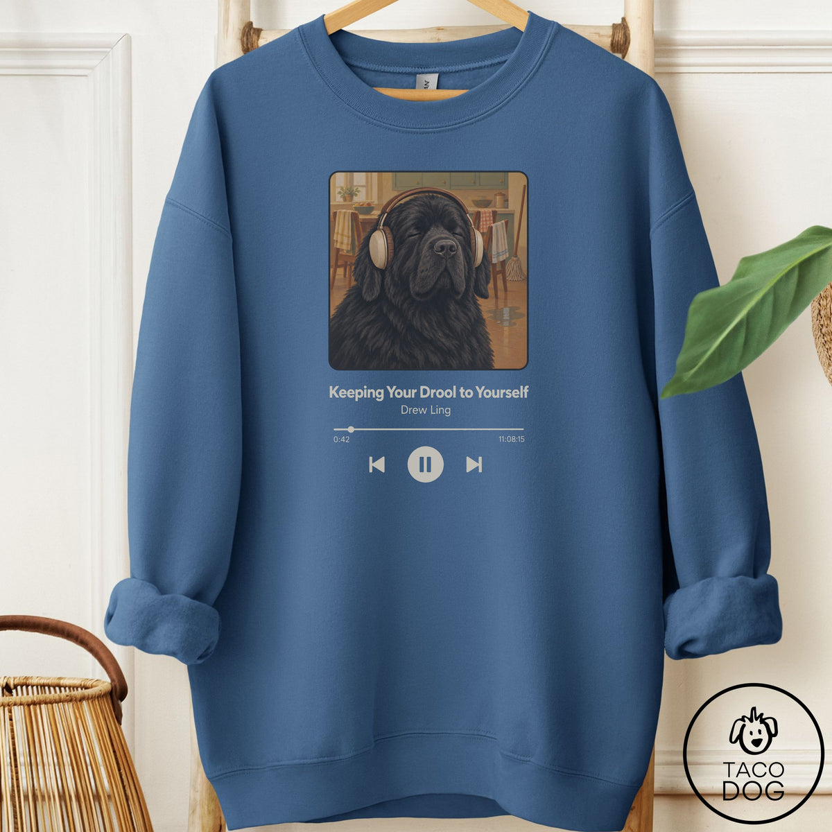 Newfoundland Book on Tape Sweatshirt Indigo Blue Taco-Dog