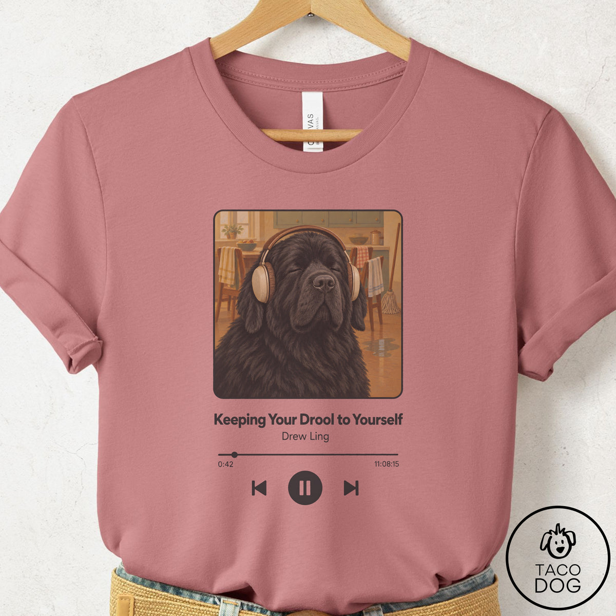 Newfoundland Book on Tape T-Shirt Mauve Taco-Dog