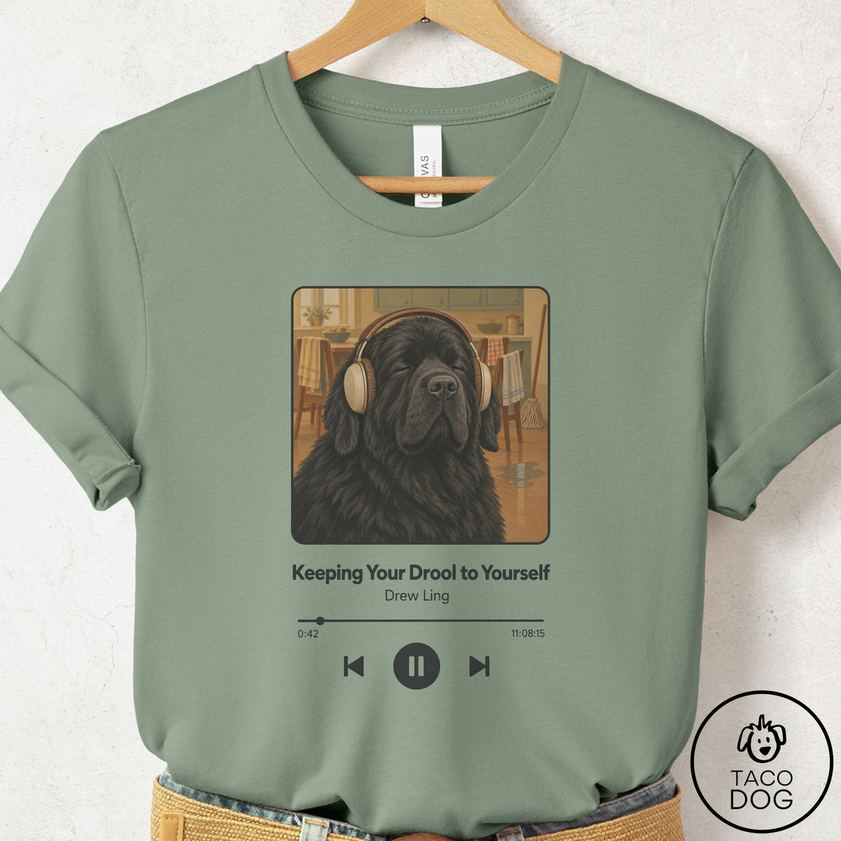 Newfoundland Book on Tape T-Shirt Sage Taco-Dog