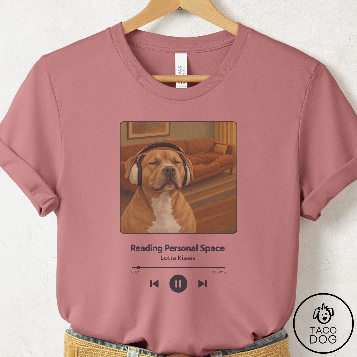 Pitbull Book on Tape T-Shirt Mauve Taco-Dog