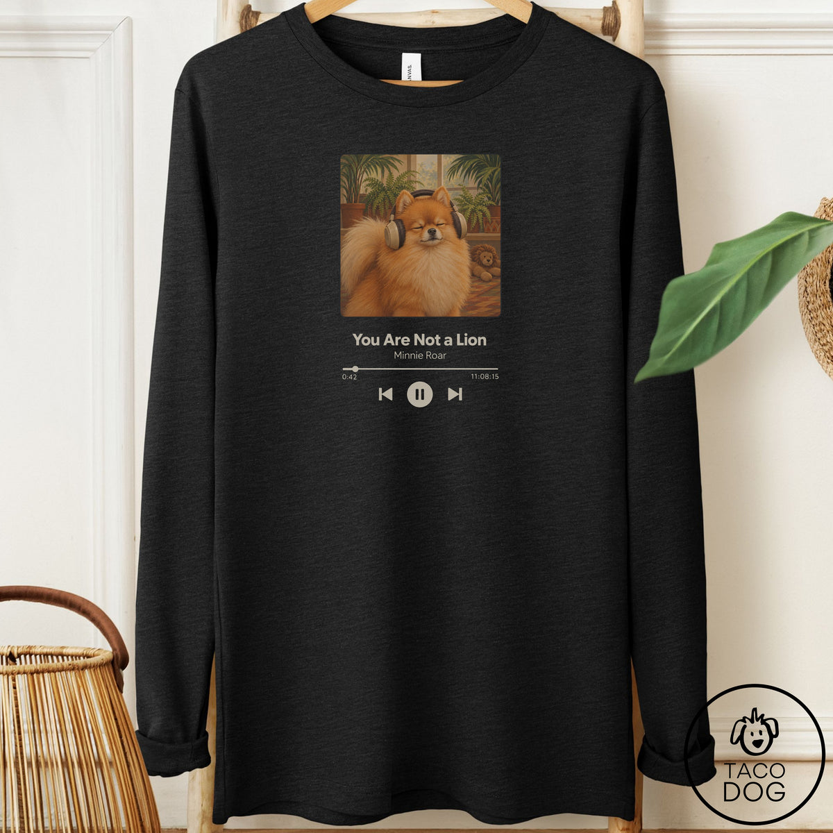 Pomeranian Book on Tape Long Sleeve Tee Black Heather Taco-Dog