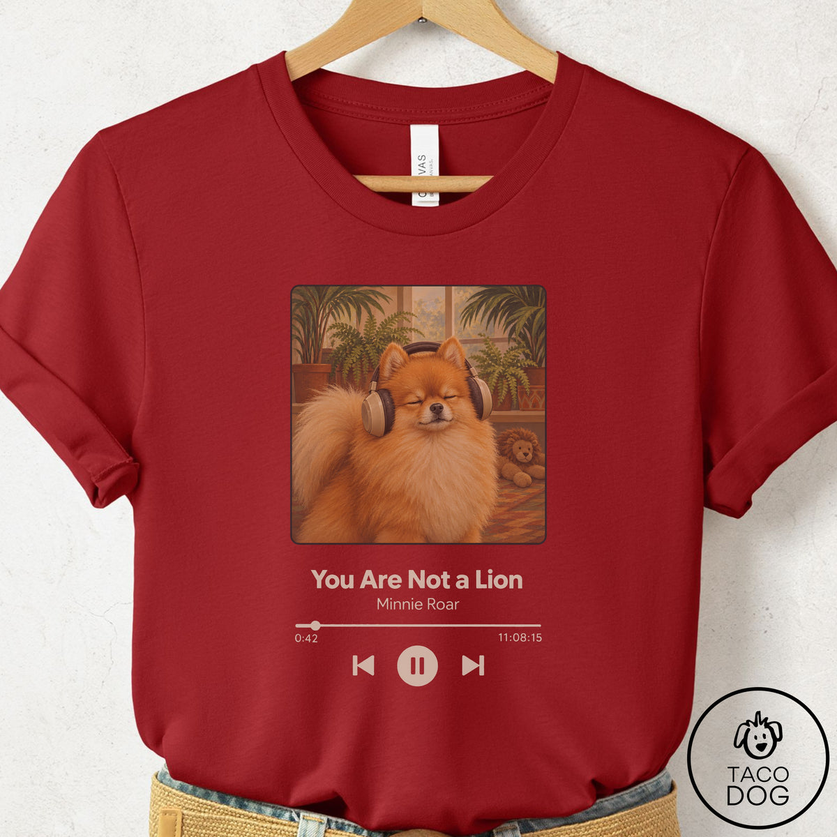Pomeranian Book on Tape T-Shirt Canvas Red Taco-Dog
