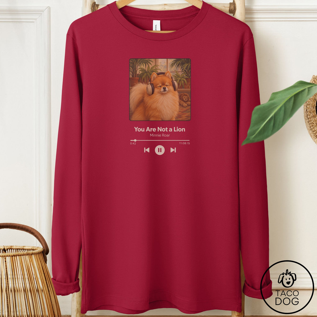 Pomeranian Book on Tape Long Sleeve Tee Cardinal Taco-Dog