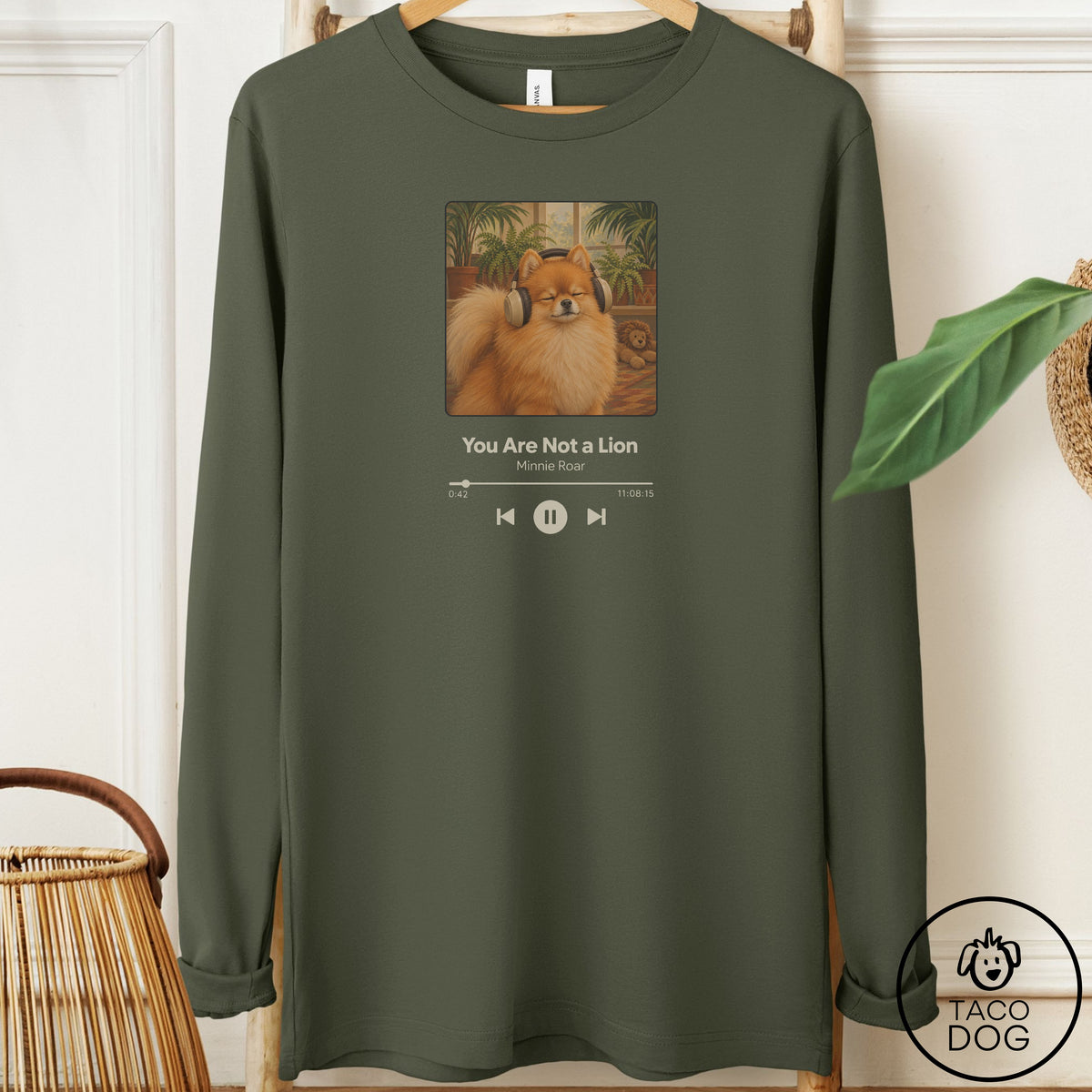 Pomeranian Book on Tape Long Sleeve Tee Military Green Taco-Dog