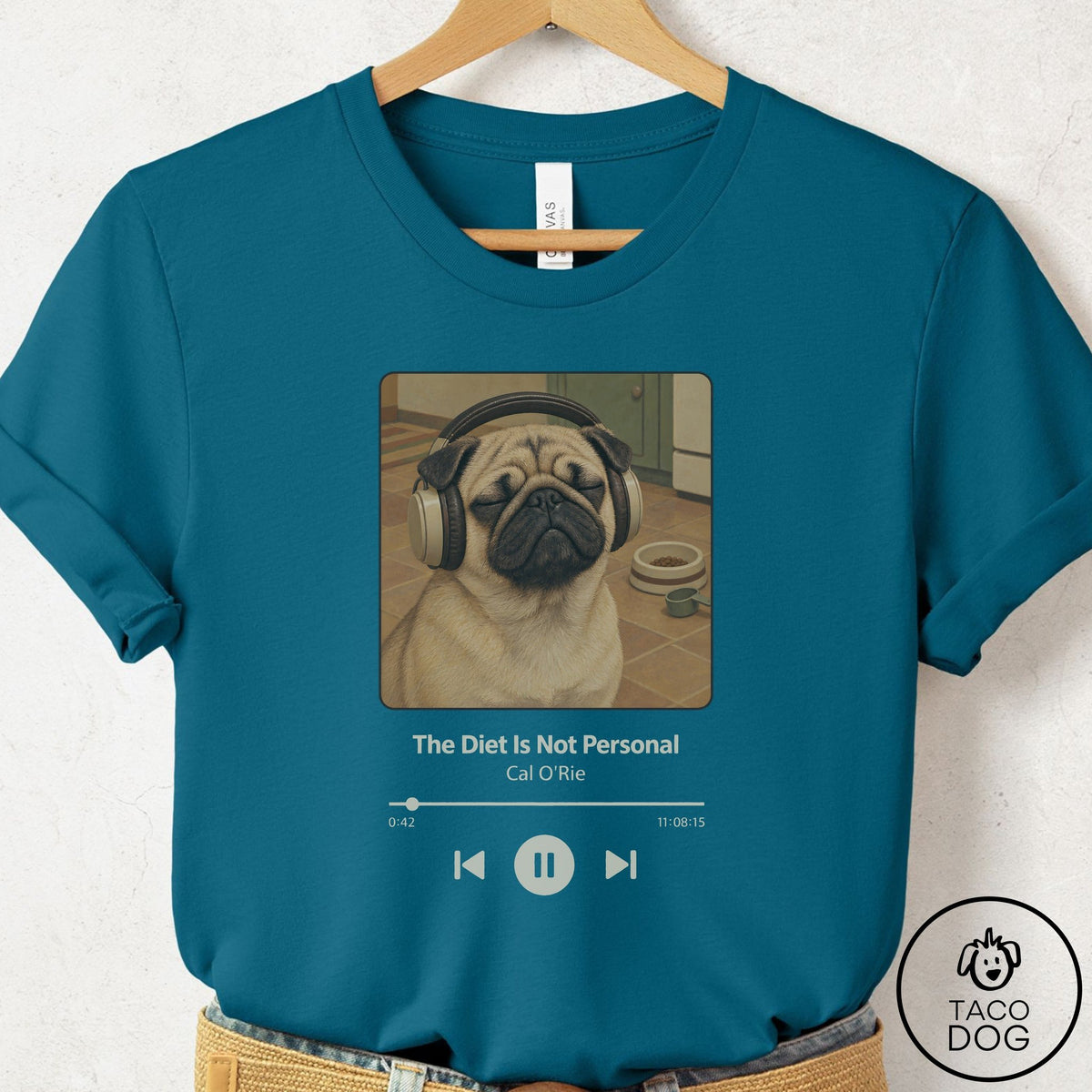 Pug Book on Tape T-Shirt Deep Teal Taco-Dog