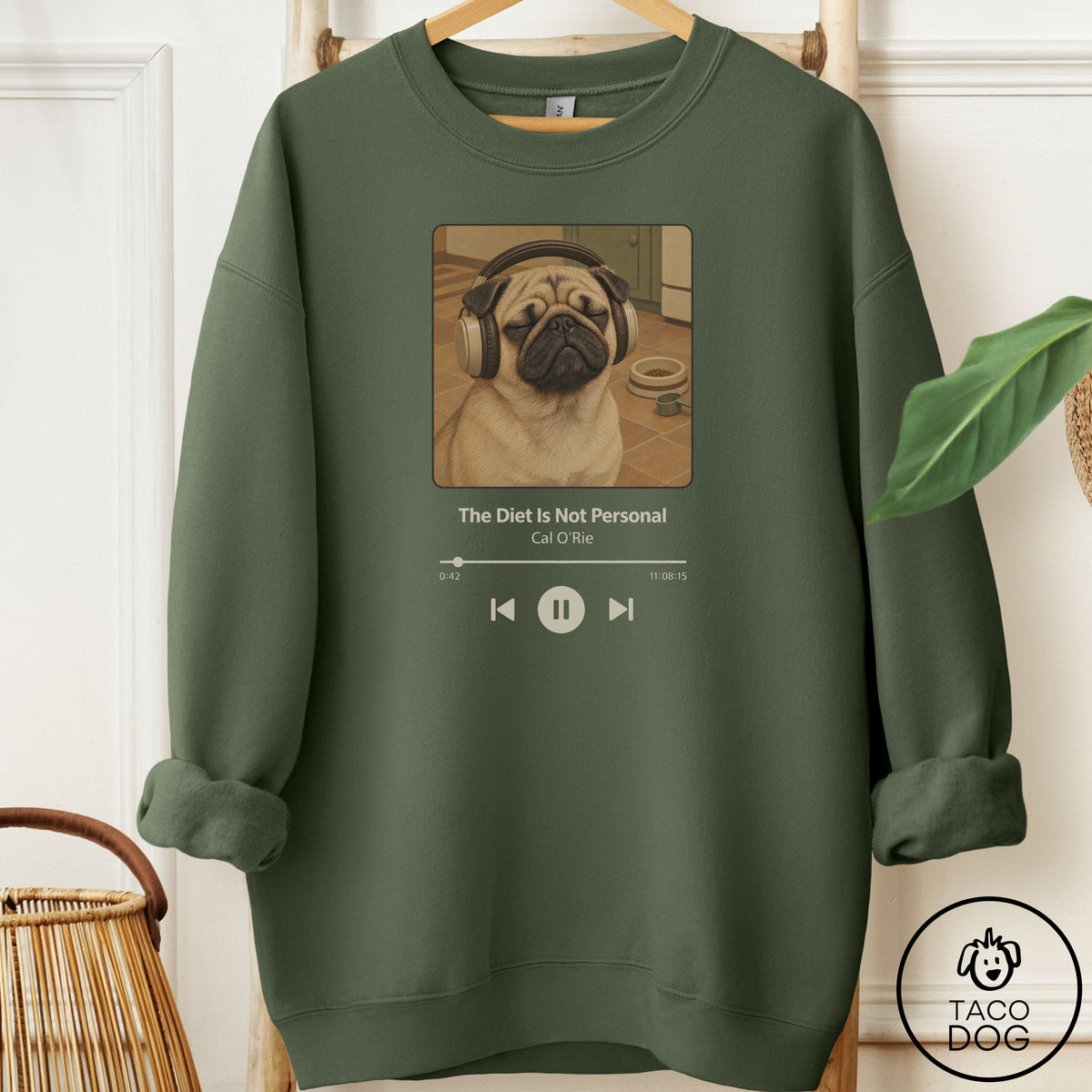 Pug Book on Tape Sweatshirt Military Green Taco-Dog