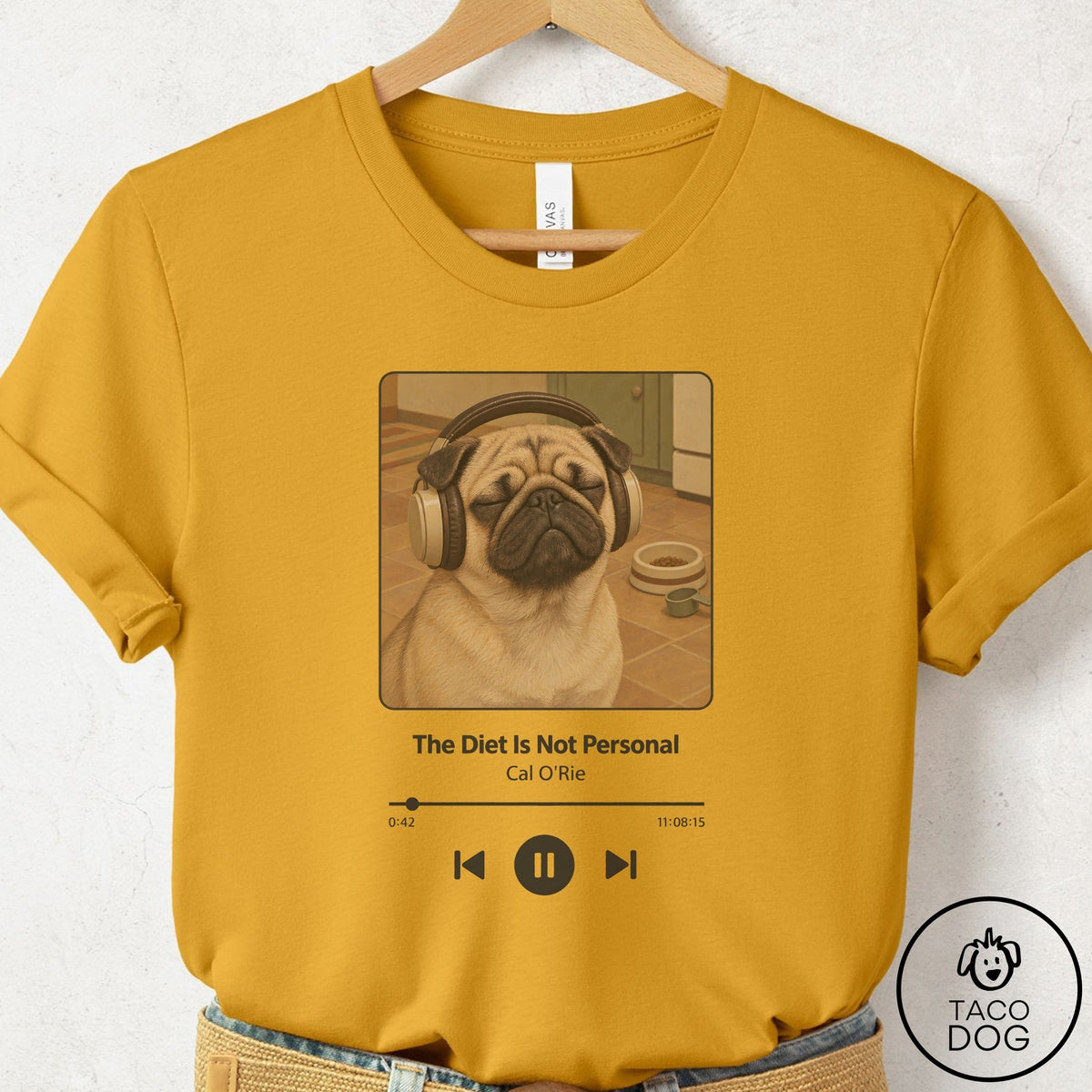 Pug Book on Tape T-Shirt Mustard Taco-Dog