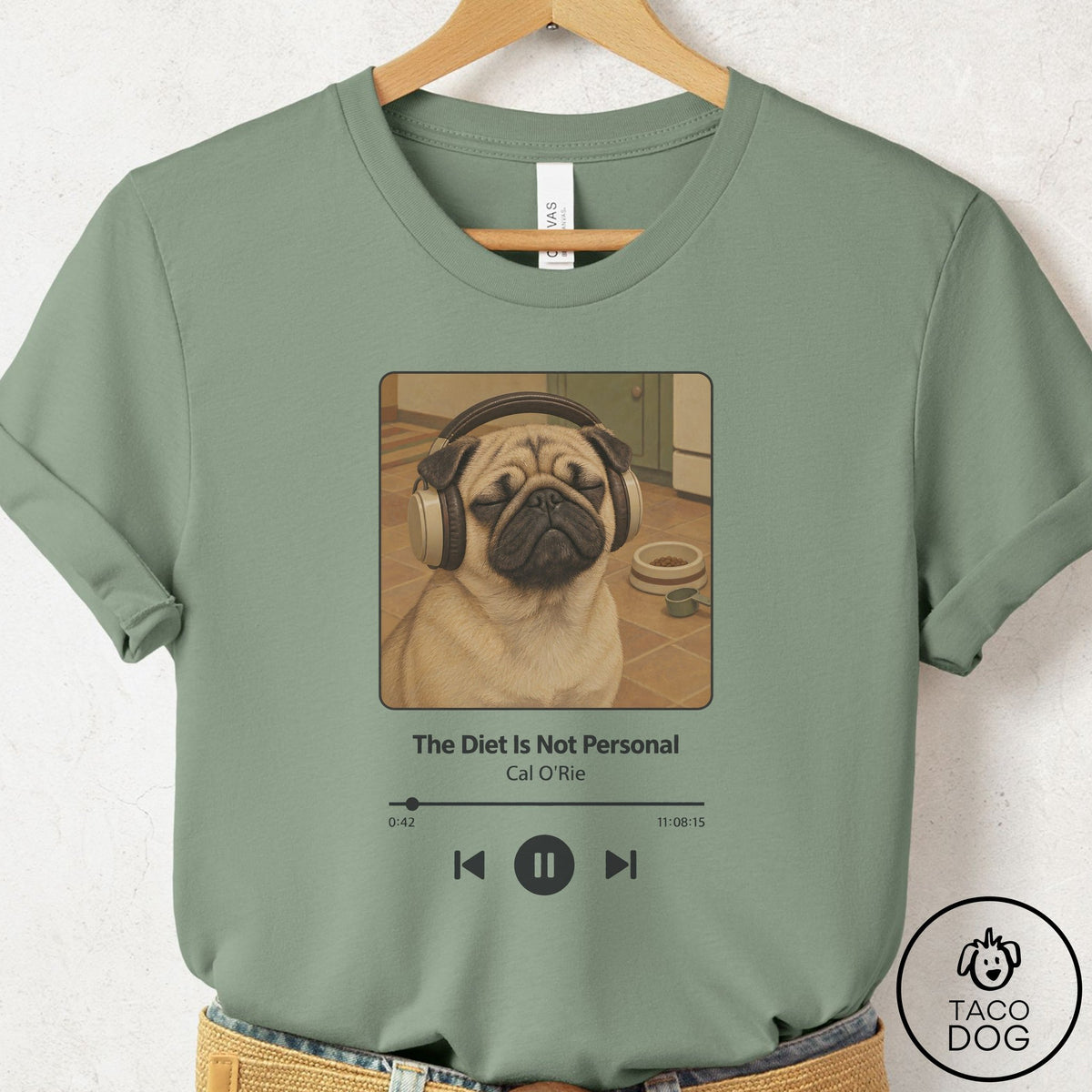 Pug Book on Tape T-Shirt Sage Taco-Dog