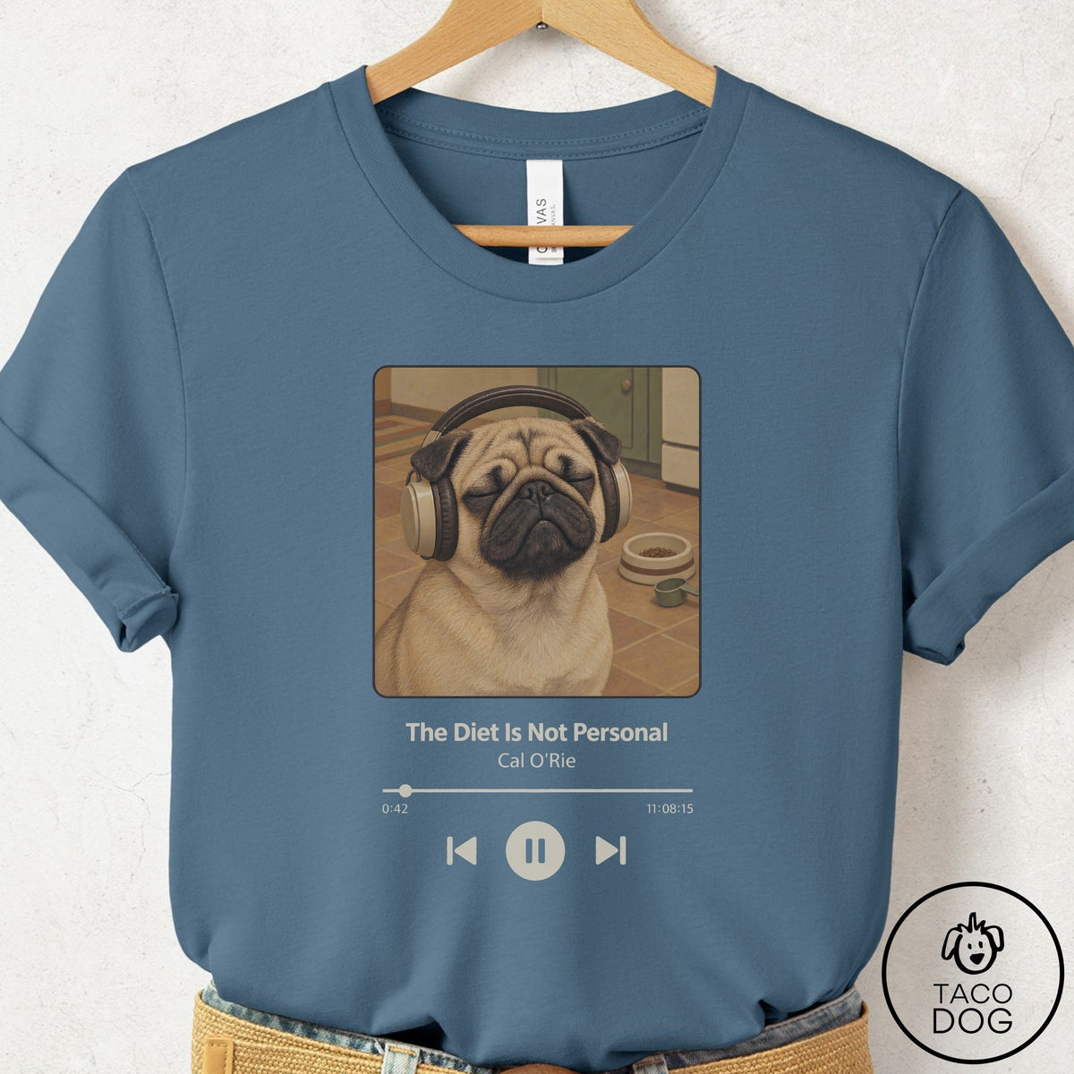 Pug Book on Tape T-Shirt Steel Blue Taco-Dog