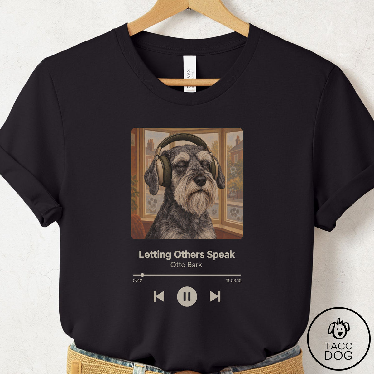 Schnauzer Book on Tape T-Shirt Black Taco-Dog
