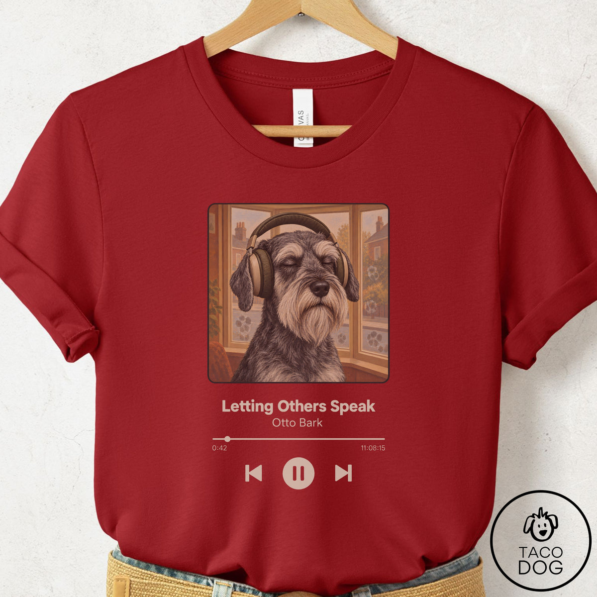 Schnauzer Book on Tape T-Shirt Canvas Red Taco-Dog